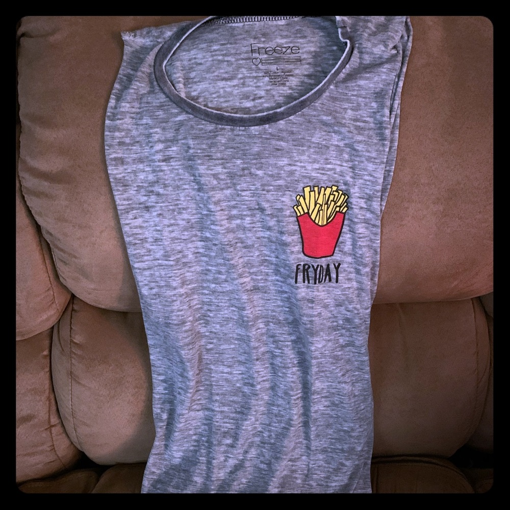 Large, flowy tank top “Fryday” in left corner